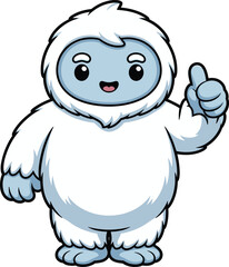 Cute cartoon yeti character with blue face and white fur pointing up, winter snow creature mascot, cad drawing flat vector illustration design