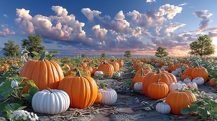 Vibrant Pumpkin Patch at Sunset with Lush Greenery and Dramatic Cloudy Sky