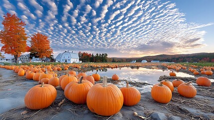 Vibrant Pumpkin Patch Surrounded by Autumn Foliage Under Dramatic Cloudy Sky
