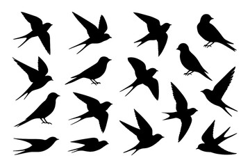 Flying swallow bird silhouettes in various poses, Transparent Background