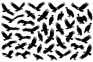 Flying and perched vultures in various poses as bold black silhouettes, Transparent Background