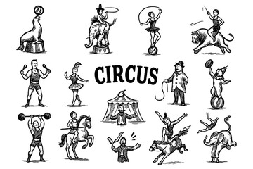 Naklejka premium Vintage circus performers and animals in engraving style, Transparent Background