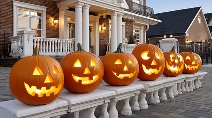 Festive Halloween Pumpkins with Spooky Faces Displayed Outside a Beautiful Mansion
