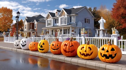 Colorful Halloween Pumpkins Decorate Friendly Neighborhood in Autumn Setting