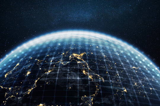 Futuristic view of Earth from space with glowing city lights and digital grid overlay. Concept of global communication, technology network, and planet connectivity in the digital age. Business