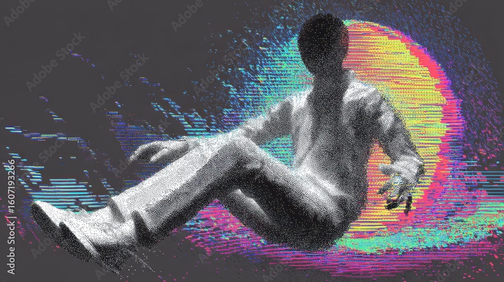 Poster pixelated figure stuck in glitch loop with abstract background