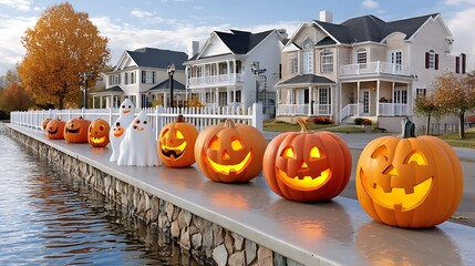Festive Halloween Decoration with Illuminated Pumpkins and Ghost Figurines by Calm Water Edge