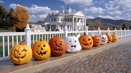 Festive Halloween Pumpkins Displayed in Front of Classic White House on a Sunny Autumn Day