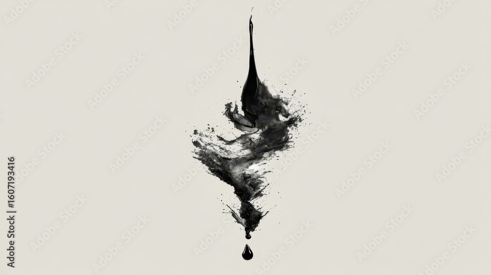 Poster powerful ink drop splatter in minimalist art style on light background
