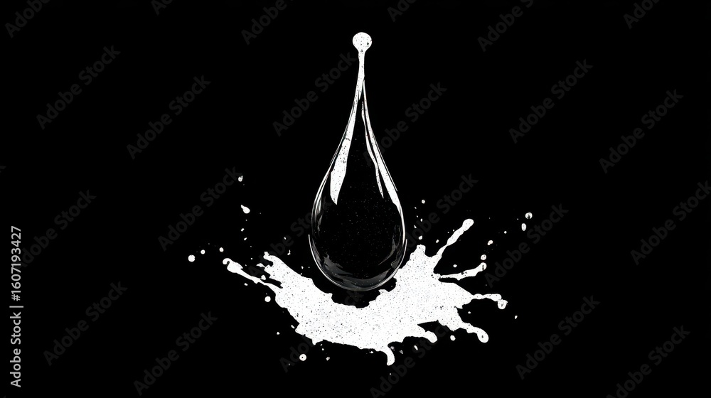 Poster minimalist ink drop with splatter effect on black background