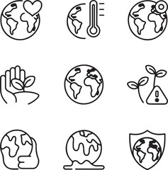 Fototapeta premium Collection of black and white line art icons depicting environmental issues including climate change global warming conservation and protection of the earth suitable for educational