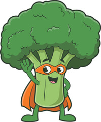 Cartoon broccoli superhero character smiling and waving, wearing orange mask and cape, healthy green vegetable mascot, cad drawing flat vector illustration art