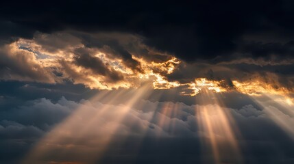 Sunlight Rays Piercing Through Dark Clouds at Dawn or Dusk