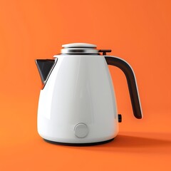 stylized 3D illustration of a contemporary white electric kettle with glossy black features, isolated on a bright orange