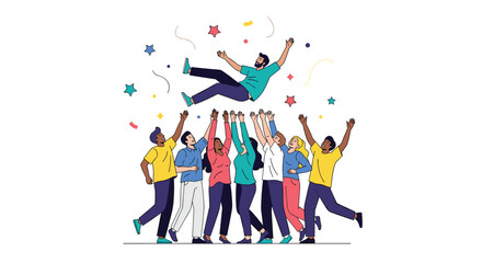 Team celebrating success with a joyful person being thrown up in the air surrounded by confetti and stars during a party event