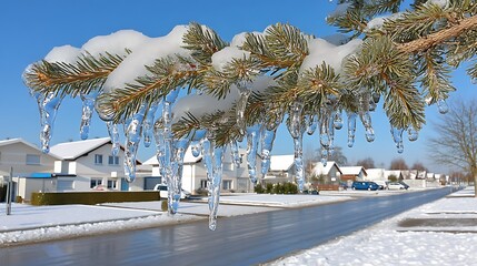 Snowy Winter Scene with Icicles on Pine Branch and Clear Blue Sky Over Suburban Neighborhood