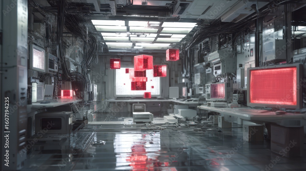 Poster sci-fi laboratory with floating error cubes in futuristic setting