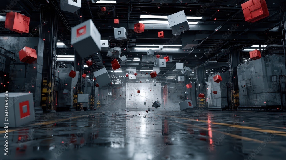 Poster futuristic laboratory filled with floating error cubes and modern tech