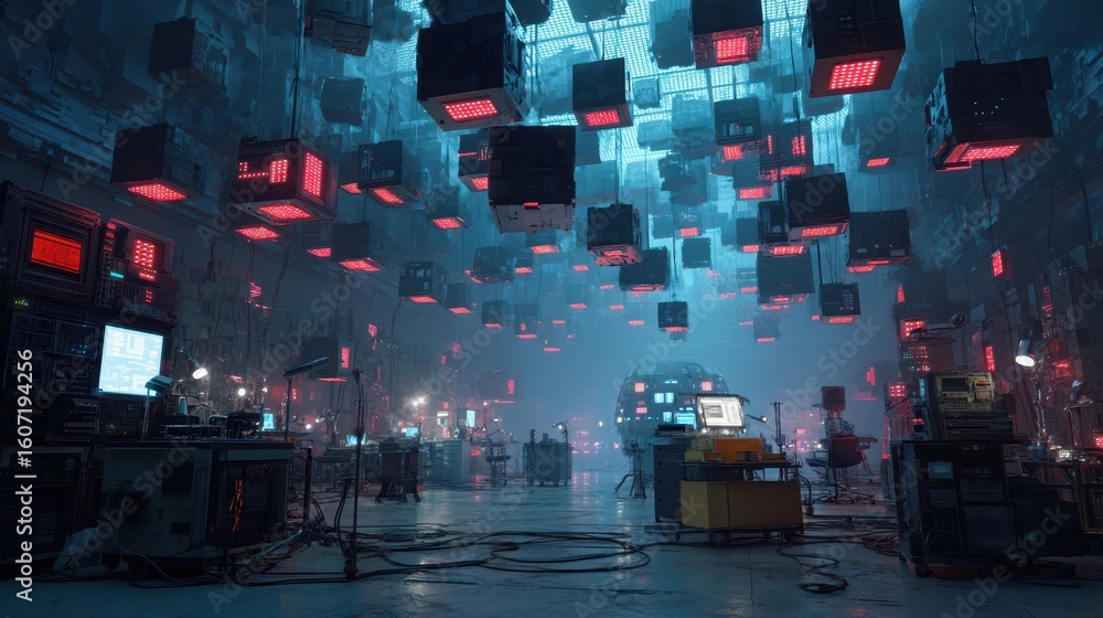 Poster futuristic laboratory with floating error cubes in sci-fi setting