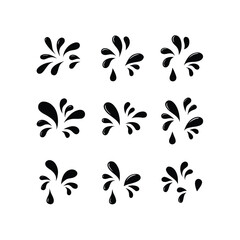 Nine Black Ink Splashes and Drops on White Background liquid