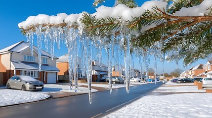 Ice and Snow Accumulation on Pine Branch Overlooking Suburban Street in Bright Winter Day