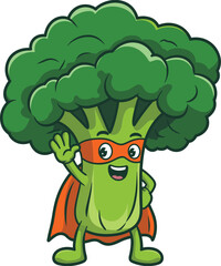 Cartoon broccoli superhero character waving hand, wearing red cape and mask, healthy vegetable mascot illustration, cad drawing flat vector illustration design