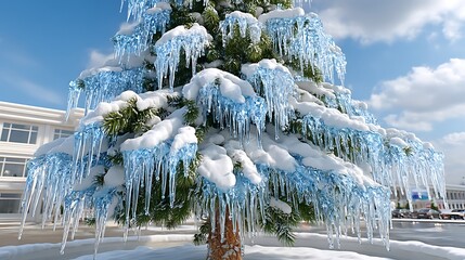 Beautiful Ice-Covered Christmas Tree with Blue Icicles and Snowy Landscape in Winter