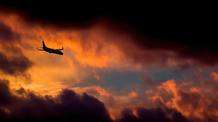 Naklejka premium Dramatic Silhouette of a Jet Against a Vibrant Sunset Sky