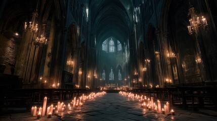 Fototapeta premium Soft Candlelight Illuminates Dark Cathedral Interior in Serenity