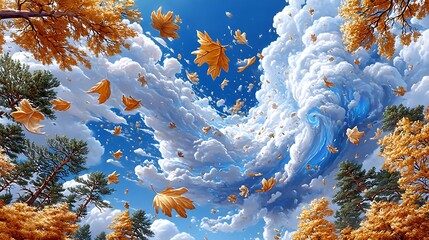 Majestic Autumn Sky with Golden Leaves and Dramatic Cloud Formations Above Tranquil Forest