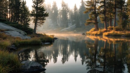 Soft Morning Light Over Calm Lake Surrounded by Trees and Mist