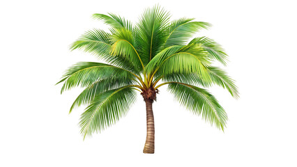 single coconut palm tree with green fronds isolated on white and transparent background