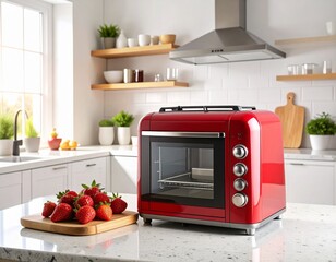Modern kitchen side view- glossy red toaster oven beside freshly cut strawberries