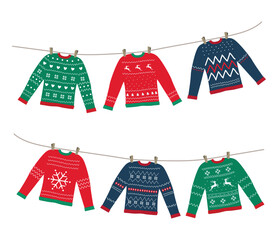 Christmas Sweaters Hanging on Clothesline. Red, Green, Blue Christmas Sweaters with Christmas Pattern, Deer, Snowflake. Ugly Sweaters Party Template. Vector illustration on White Background