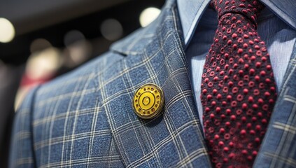 A yellow pin on a blue plaid suit jacket, with a red patterned tie