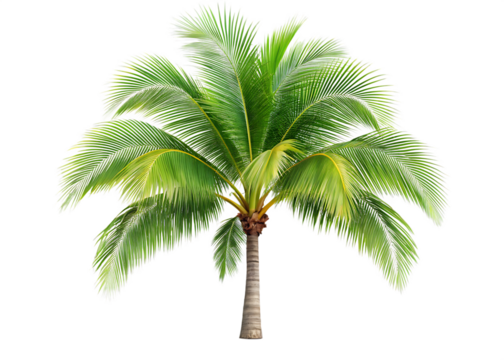 single coconut palm tree with green fronds isolated on white and transparent background