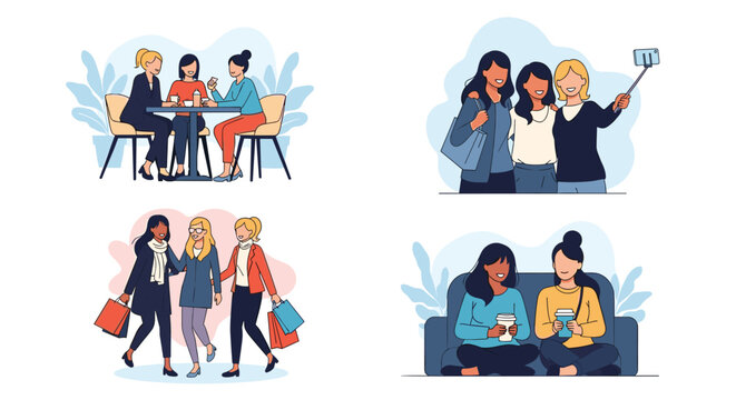 Four diverse groups of women enjoying different social activities together throughout their day - Powered by Adobe