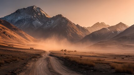 Naklejka premium Dawn Over Dusty Mountain Pass with Soft Sunrise Glow and Textures