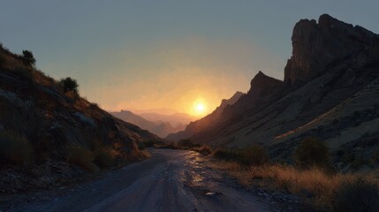 Naklejka premium Dusty Mountain Pass at Sunrise with Soft Light and Scenic View