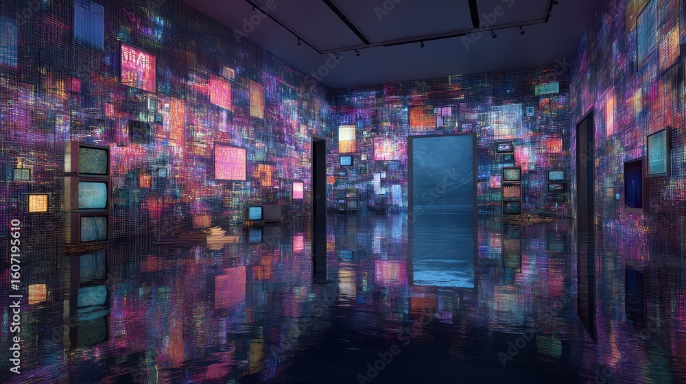 Poster surreal room with floating error codes and colorful screens