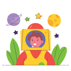Joyful child astronaut exploring the cosmos surrounded by planets and stars in a whimsical flat design style
