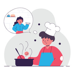 A chef in a hat and apron cooks a meal while thinking about a happy person holding a plate