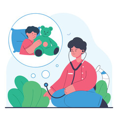 A doctor with a stethoscope thinks about a child holding a green teddy bear in bed