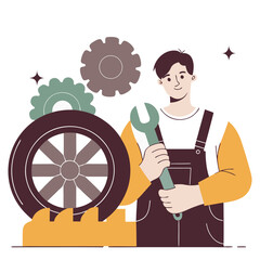 Skilled mechanic holding a wrench next to a car tire and gears ready for automotive repair services