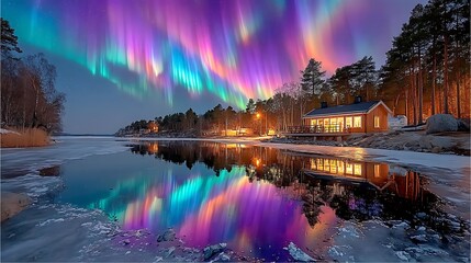 Breathtaking Aurora Borealis Over Tranquil Lake with Log Cabin and Reflective Water Surface