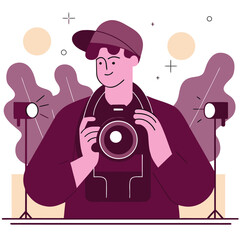 A stylized illustration of a photographer wearing a cap and holding a camera with studio lighting and abstract shapes in the background
