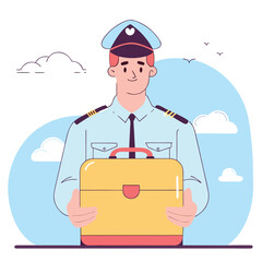 Friendly airline pilot in uniform holding a yellow briefcase against a backdrop of clouds and blue sky