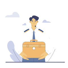 Friendly pilot character holding a vintage briefcase ready for travel or work