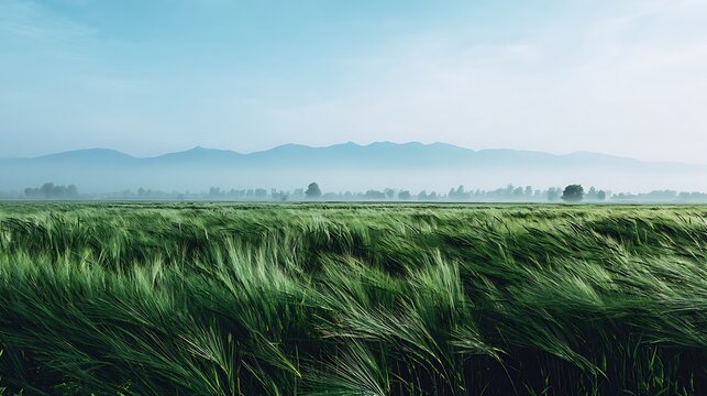 Lush green field with windblown grass and distant mountains blowing