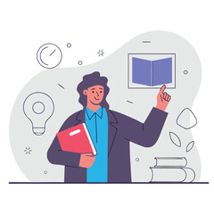 Teacher or student with books and educational icons illustrating learning and knowledge acquisition